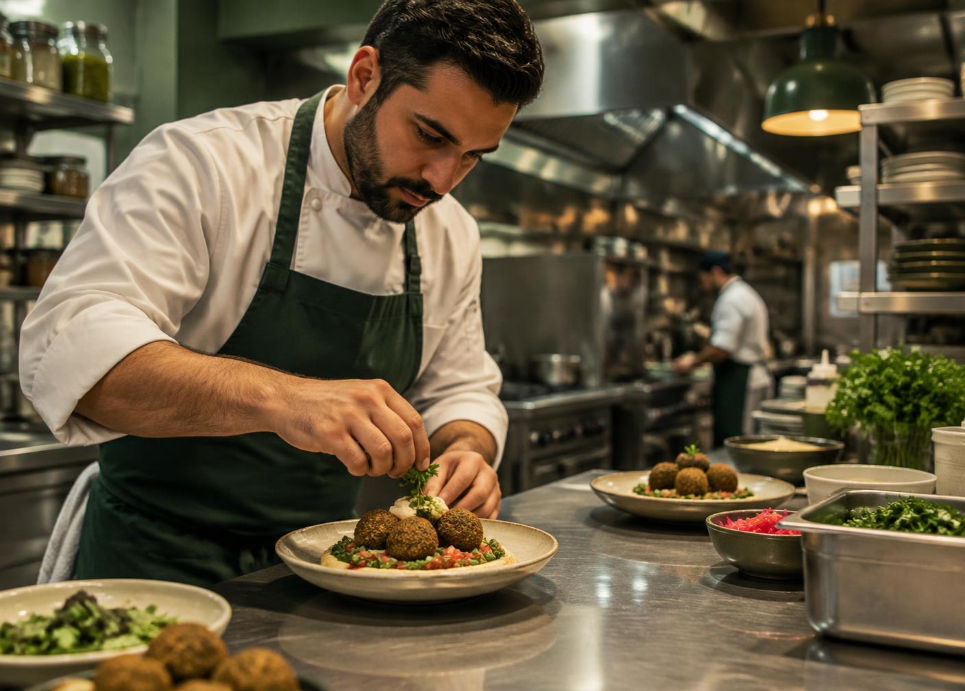 Koch richtet Falafel in einer professionellen Küche an